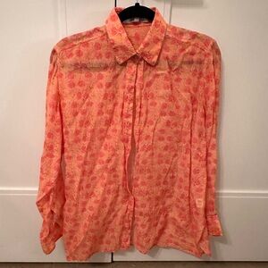 Bella Tu Orange Pink Floral Block Print Button Down long Sleeve